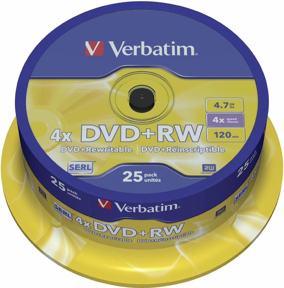 Verbatim 43489 4.7GB 4x Matt Silver DVD+RW - 25 Pack Spindle - Games Cases - Vision warehouse